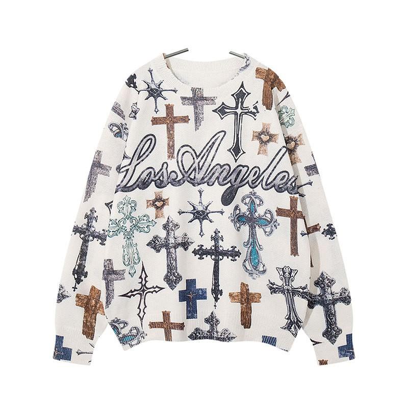 Vintage Cross Knit Sweater Loose Fit Crewneck Long Sleeve Fashion Top Teens