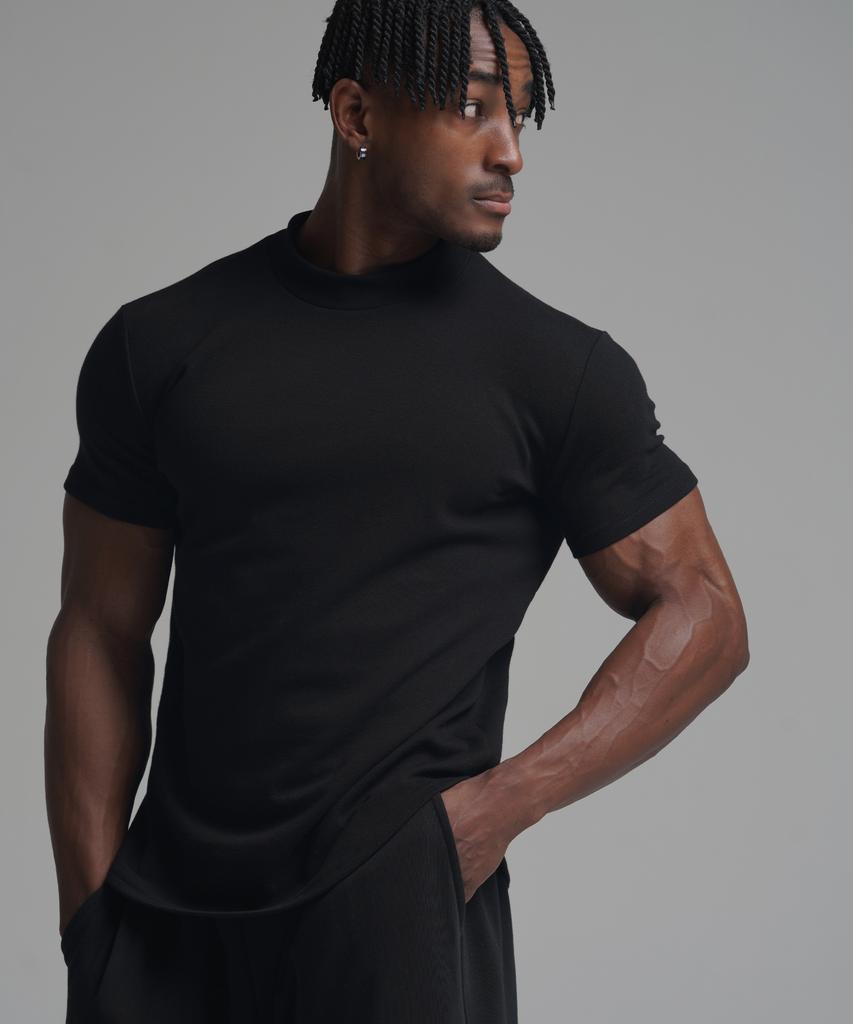 PHERMENON Muscle Fit Mock Neck Short Sleeve T-Shirt - Black