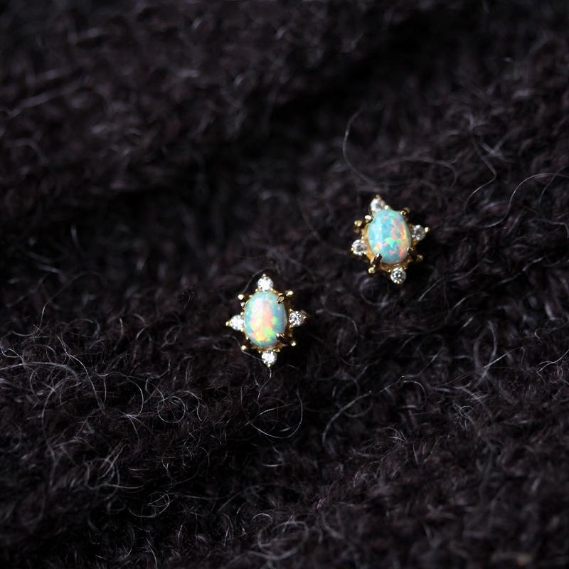S925 Sterling Silver 14K Gold-Plated Earrings with Opal and Zircon, Japanese Style Retro Versatile Design for Women.