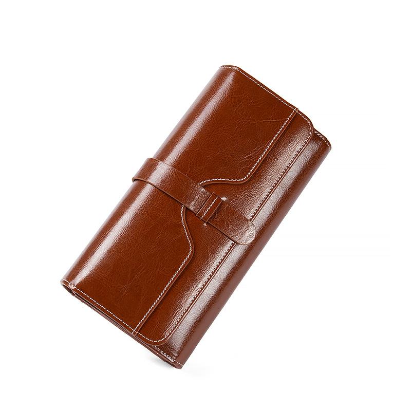 Женский кошелек, длинный масляный воск, натуральная кожа, тройной кошелек большой емкости в стиле ретро