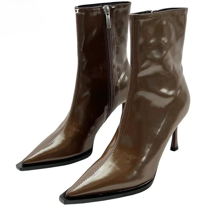 Женские ботильоны на высоком каблуке с острым носком, кожаные туфли, элегантные женские туфли 2025 года, модные туфли-челси, фирменные туфли-лодочки, зимние туфли Botas De Mujer