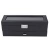 Black Watch Box Organizer 6 Slots Watch Display Case 2 Tiers Watch Holder with Glass Lid and Drawer