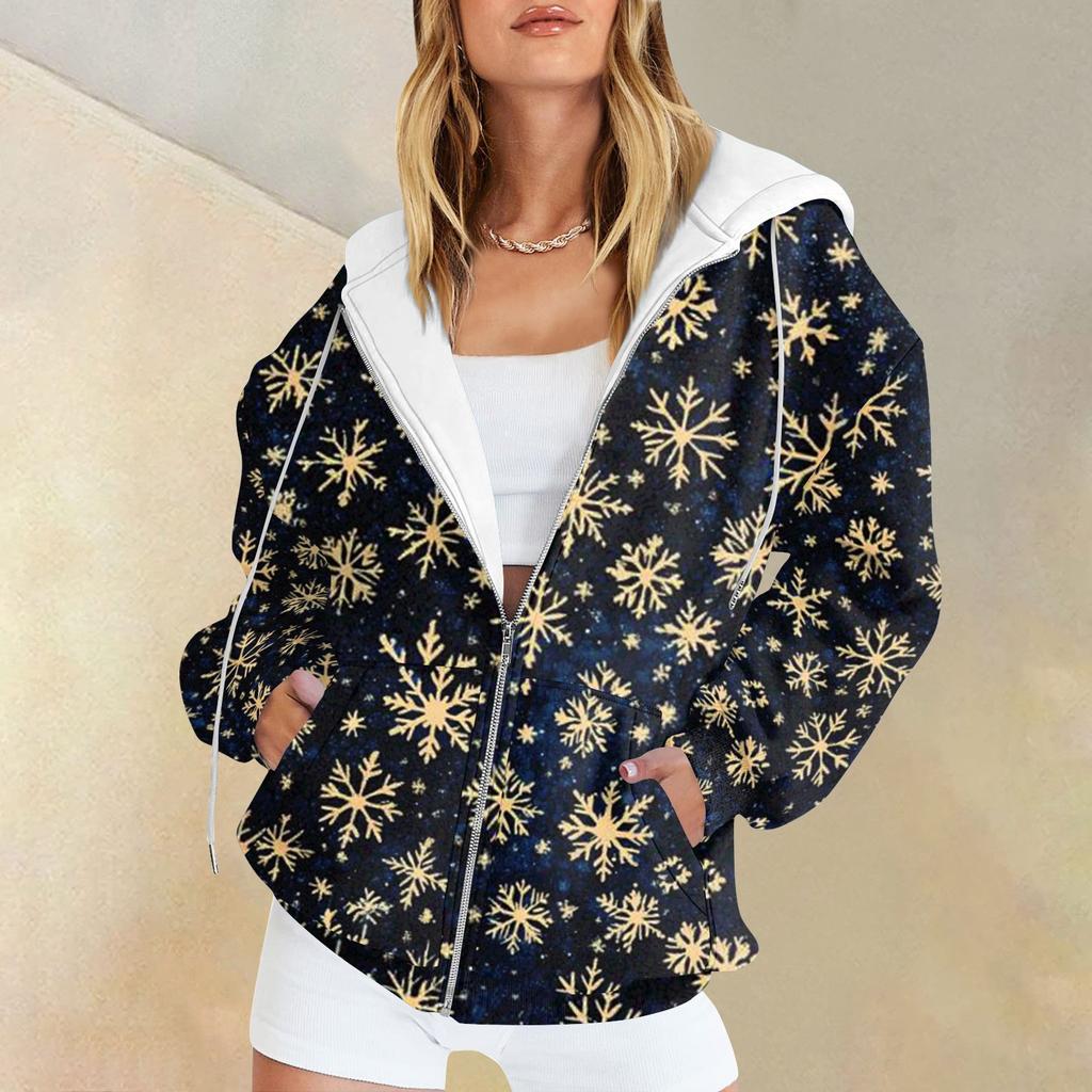 Ladies Fashion Casual Christmas Print Sweatshirt Autumn Winter Long Sleeve Cardigan Jacket With Pocket Zipper Hoodie Jacket