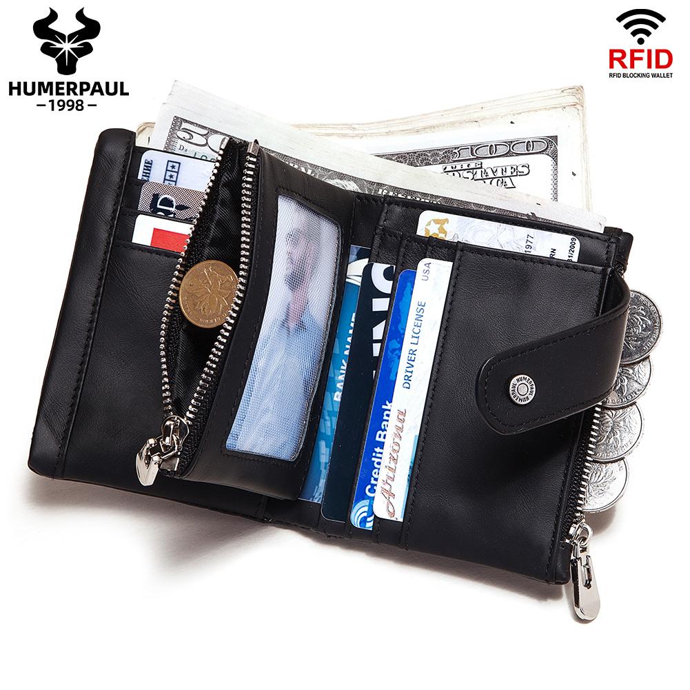 Humerpaul Fashion Women Wallets Genuine Leather Bi-fold Wallet Quality Designer RFID ID Card Holder With Coin Purse Chain Portfel Damski