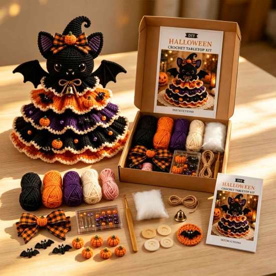 Crochet Yarn Pack with Hook Filling Christmas DIY Quilted Fabric Tree Craft Kit, 3D Padded Patchwork Sewing Set Autumn Festival Decorative Projects
