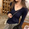 Korean Chic White V-Neck Slim Knit Long-Sleeve Top for Women - Autumn/Winter