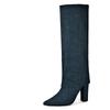 FOREADA Women Knee High Long Boots Pointed Toe Chunky High Heels Denim Gogo Boots Ladies Fashion Shoes Autumn Winter Sky Blue 43