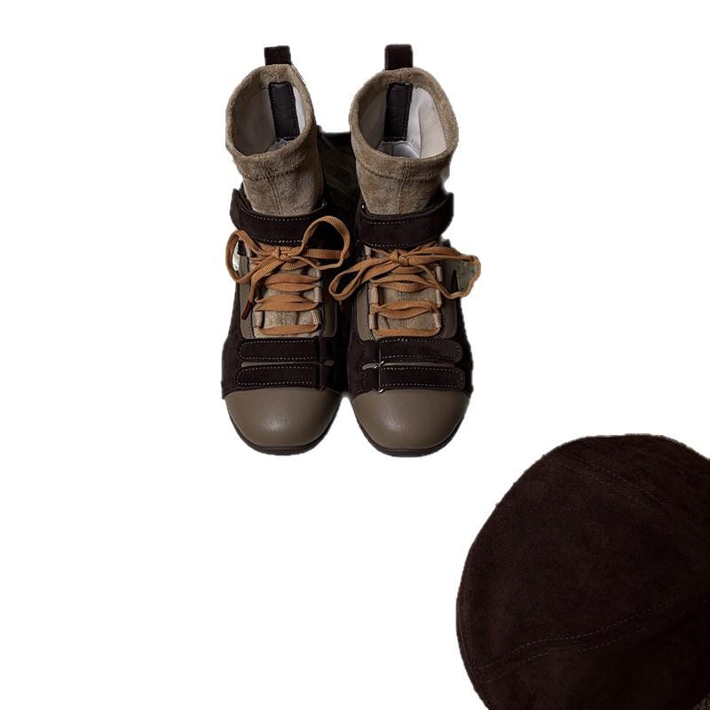 Inner heightening Maillard style boots retro niche design short elastic boxing boots lace-up women's socks boots single boots