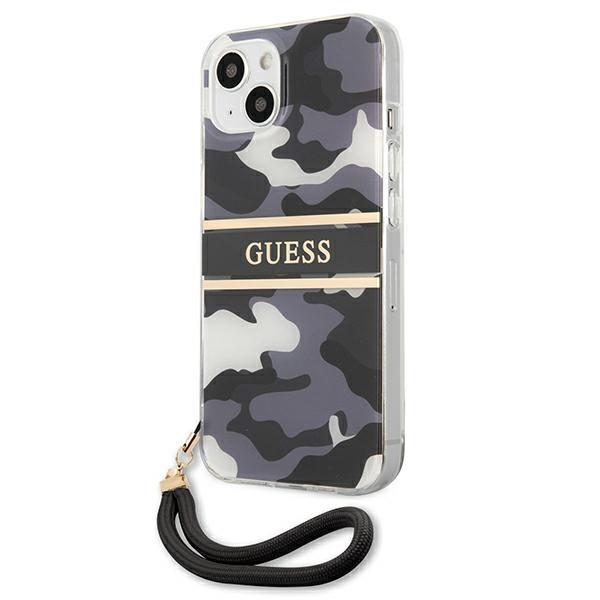 Etui do iPhone 13 mini Guess Czarne Moro z Paskiem Kamuflaż