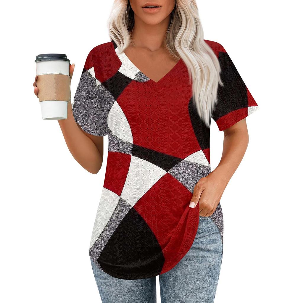 Womens T Shirts V Neck Short Sleeve Casual Tops Loose Fit Basic Tees With Curved Hem