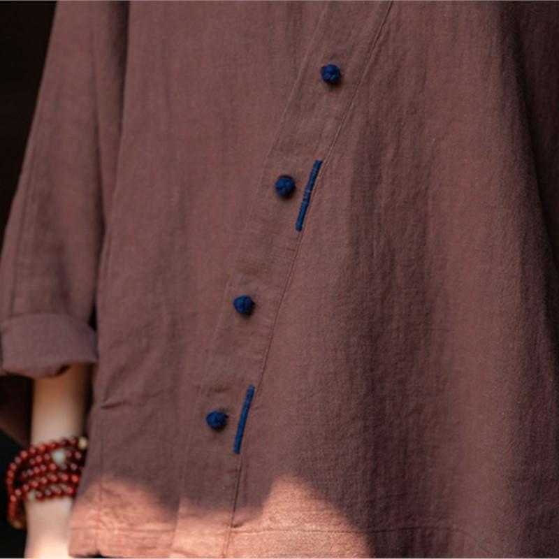 Johnature Women Chinese Style V-Neck Shirts Solid Color Long Sleeve Tops Vintage Blouses Autumn Shirts