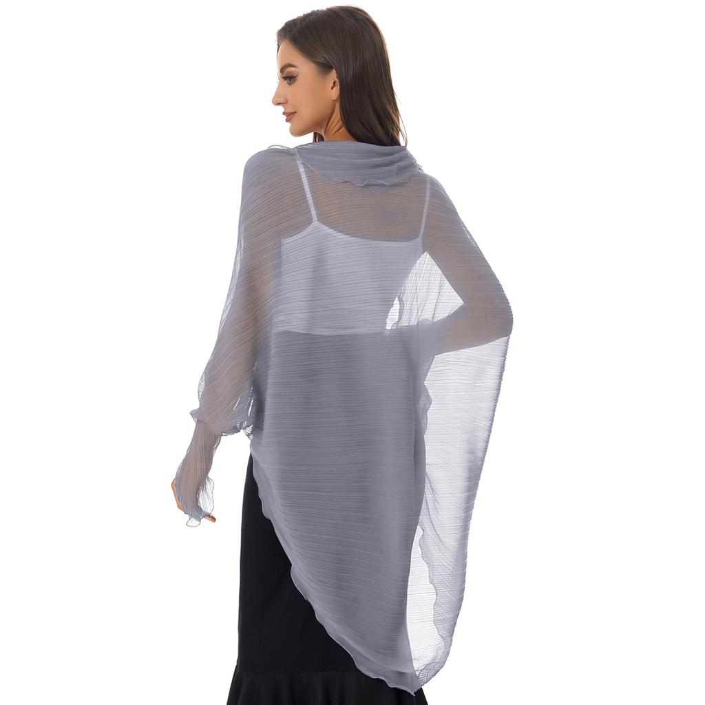 Womens Casual Long Sleeve Sun Protection Tops Open Front Chiffon Wraps Pleated Shawl Cover Ups Beachwear