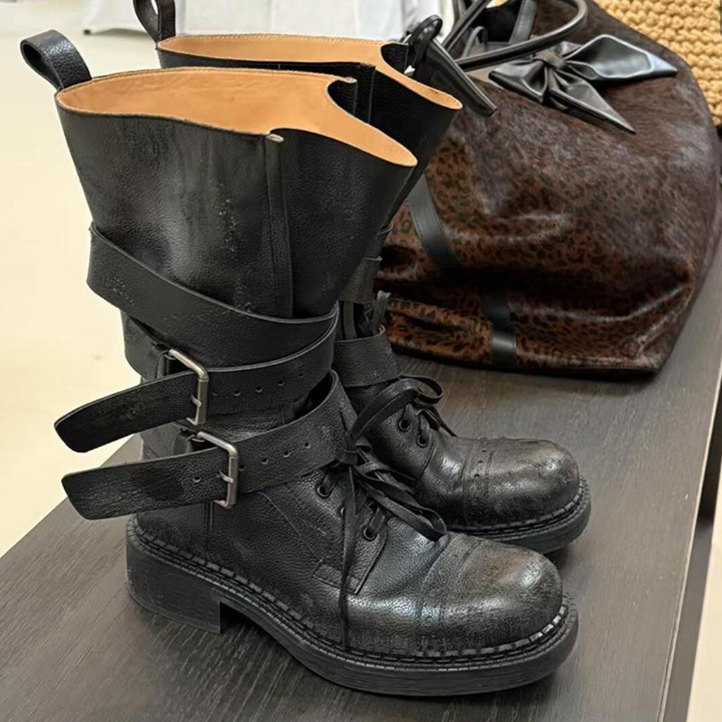 Версия из коровьей кожи~ Пустошь, красивые локомотивные женские ботинки из натуральной кожи, с широким голенищем, ботинки Мартин, женские зимние ботинки на толстом каблуке, средней высоты, ботинки рыцаря