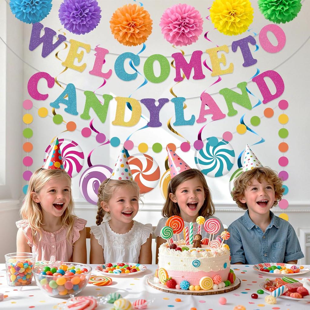 Welcome to Candyland Party Banner Hanging Swirls Decorations Colorful Candy Themed Birthday Decor for Sweet Themed Shop Baby Shower Classroom Home