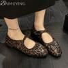 Fashion Leopard Square Toe Women Flat Sandals Marie Janes Shoes Woman Summer 2025 Trend Elegant Dress Comfort Soft Leather Zapatillas