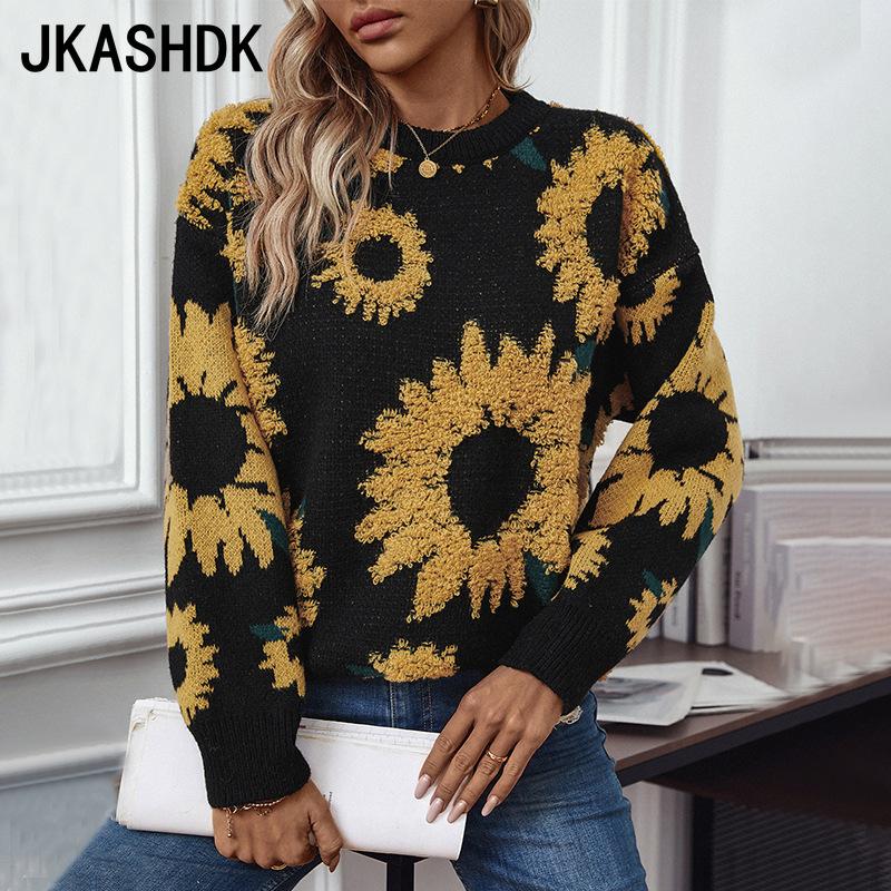 JKASHDK Женская мода повседневная осень-зима цветочный узор с длинным рукавом и круглым вырезом свитера