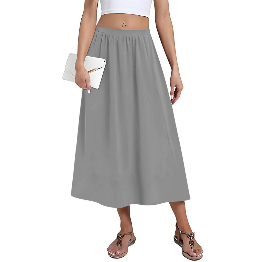 Women's Casual Fashion Solid Colour Big Hem Skirt Elasticated Loose Pockets Pleated Half-body Skirt (With Side Pockets)