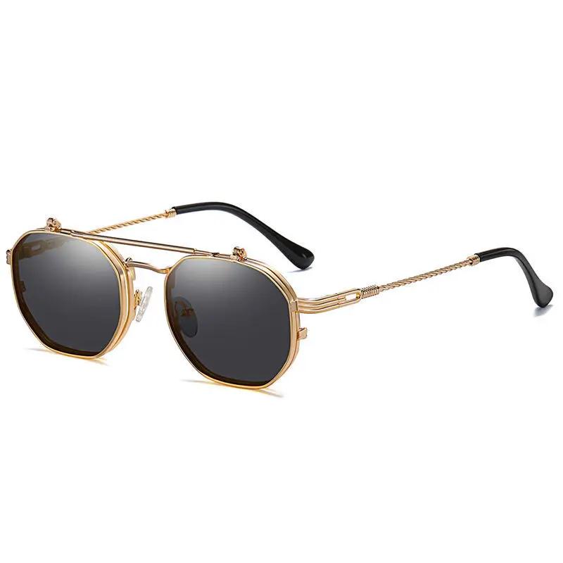 Vintage Steampunk Flip Pilot Sunglasses Retro Polygon Metal Sun Glasses For Men And Women Brand Designer Circle