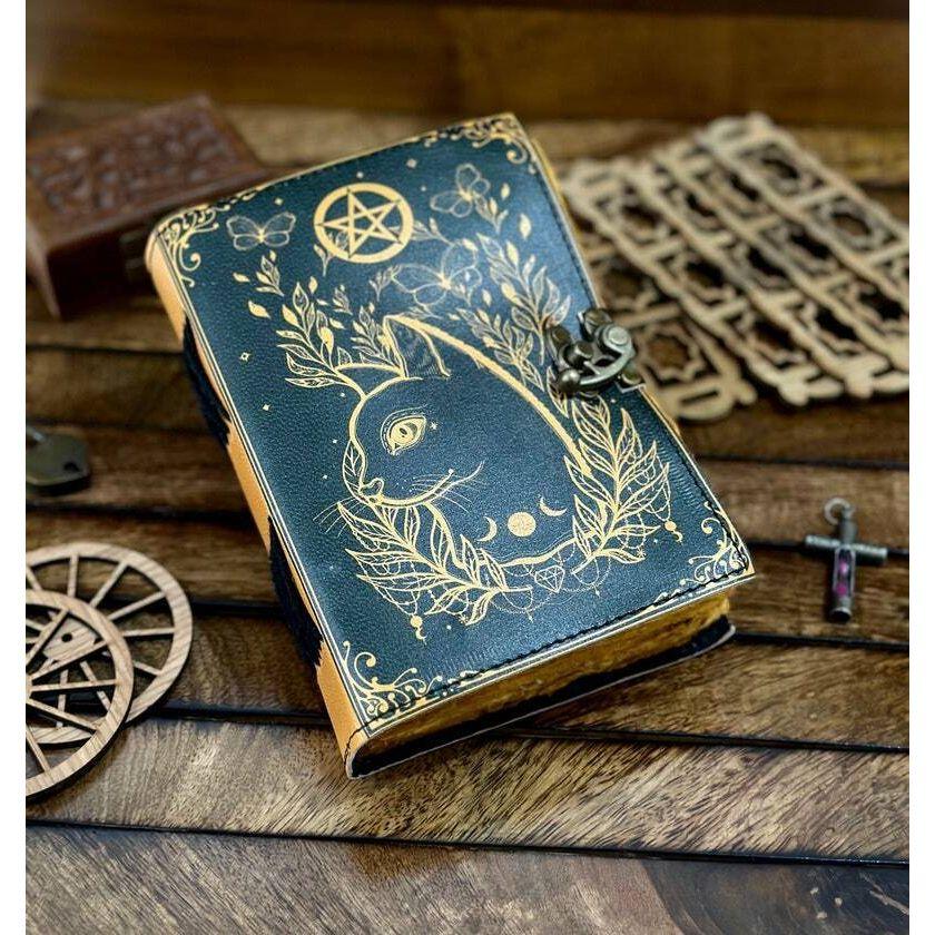 Grimoire Journal Leather Print Caltic Cat Journal Blank Spell Book of Shadows