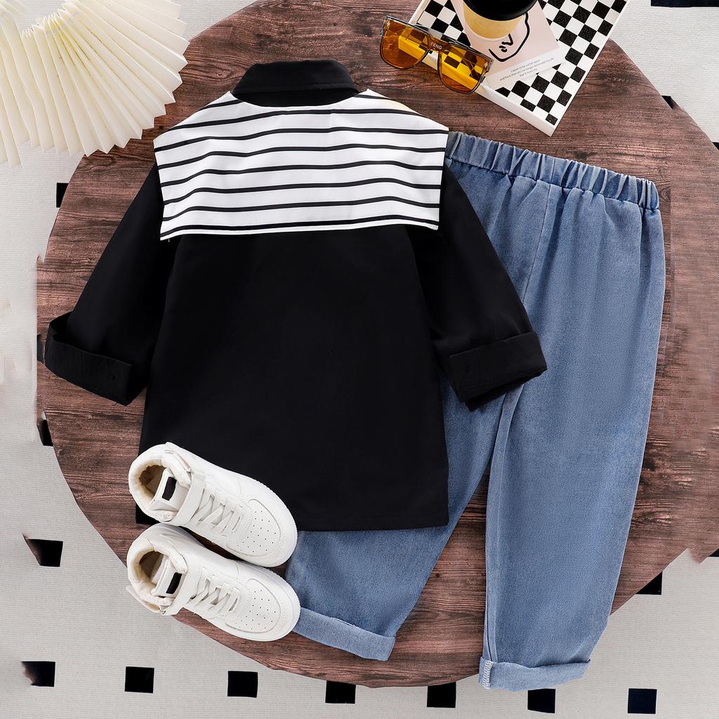 Модный костюм для девочек, весенне-осенний детский повседневный однотонный комплект из двух предметов: пальто и джинсовые брюки