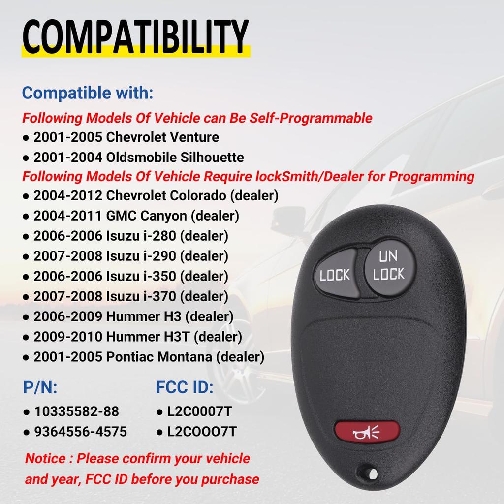 Key Fob Keyless Entry Remote Compatible with Chevy Colorado Venture, GMC Canyon, Pontiac Montana, Isuzu i-280 i-290 i-350 i-370, Hummer H3 H3T,