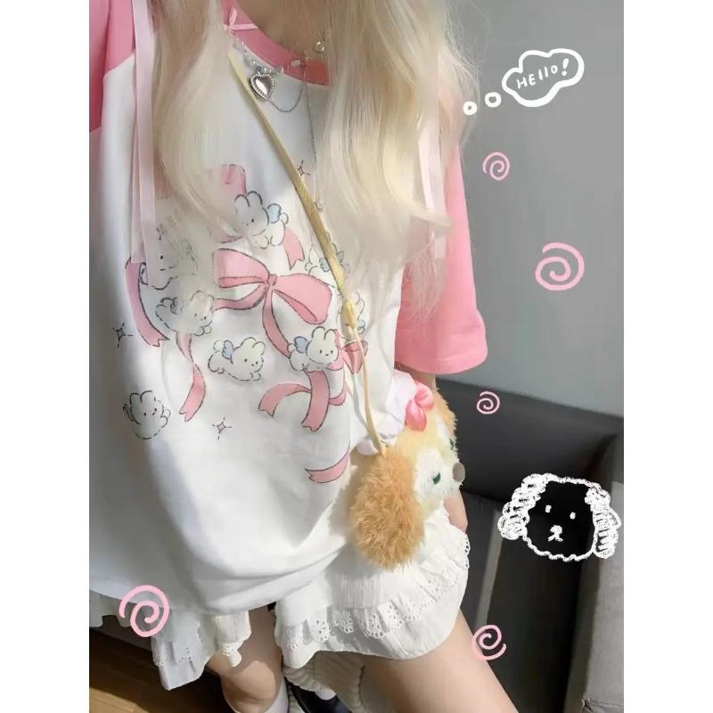 Kawaii кролик графический розовый футболки женские японский стиль Y2k милый мультфильм футболки Harajuku милые топы с короткими рукавами летние