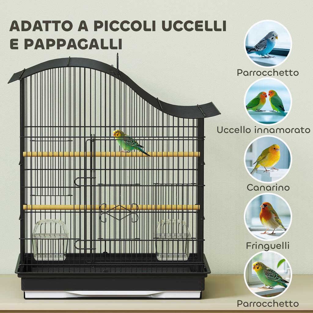 4-Door Bird Cage with 2 Bowls, 2 Perches and Tray, Metal and Plastic, 47.5x36x54.5 cm, Black