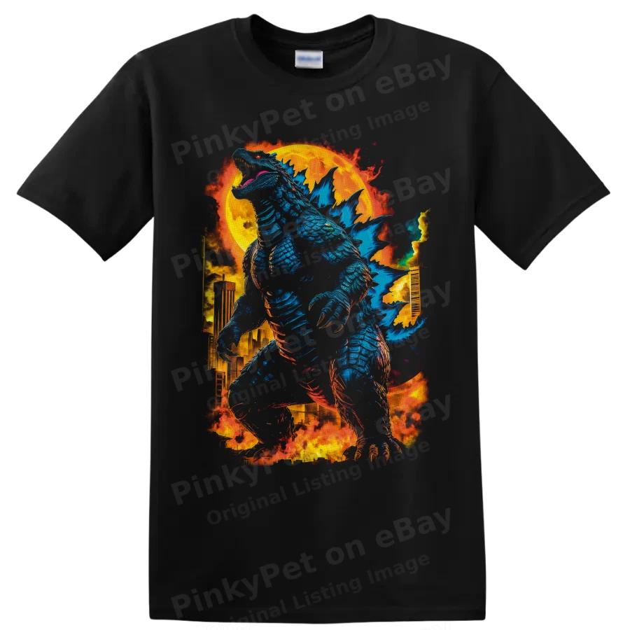 Godzilla Monster City Fire T Shirt w/ Blue Reptile Movie Art Graphic Tee Design