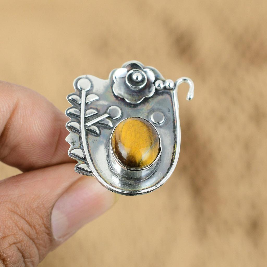Mothers Day Deal 925 Silver Tiger's Eye Gemstone Handmade Flower Ring Jewelry