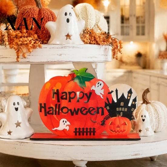 Ghost Bat Party Ornaments Halloween Pumpkin Wooden Table Centerpiece, Creative Haunted House & Cute Desktop Ornament for Dining Tiered Tray