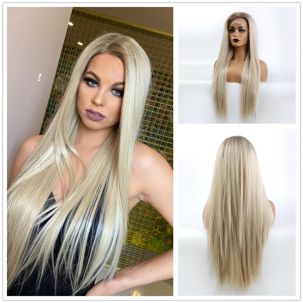 ALAN EATON Длинные синтетические прямые омбре пепельные платиновые блонд парики на шнуровке для женщин, косплей, вечерние волосы высокой плотности, термостойкие