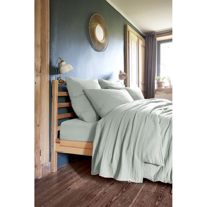 "Gaïa" Fitted Sheet All Sizes "Cotton Gauze" - Gaïa Eucalyptus - 160 X 200 Cm 30 Cm Gusset