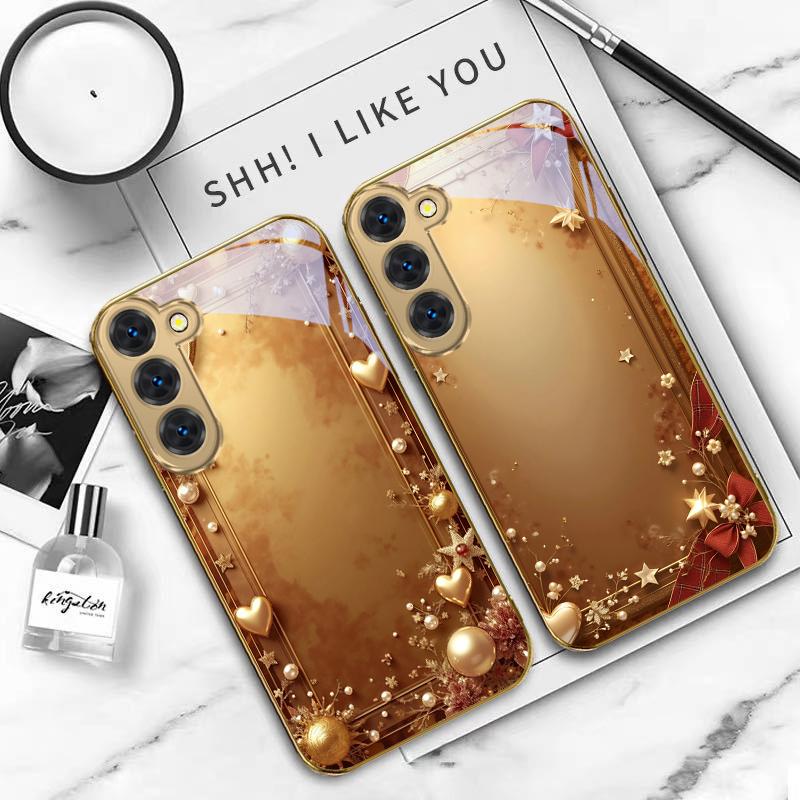 Золотая лента и бант Для Samsung Galaxy S26 S20 FE S21 S22 S23 Plus S24 Ultra S25Ultra S21+ S22Plus Золотой стеклянный чехол для телефона