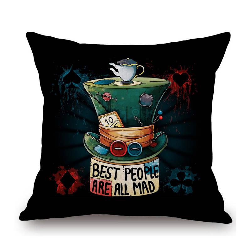 Alice Wonderland Mad Hatter Cartoon Art Tea Time Cartoon Sofa Throw Pillow Case Cotton Linen Car Bench Chair Cushion Cover