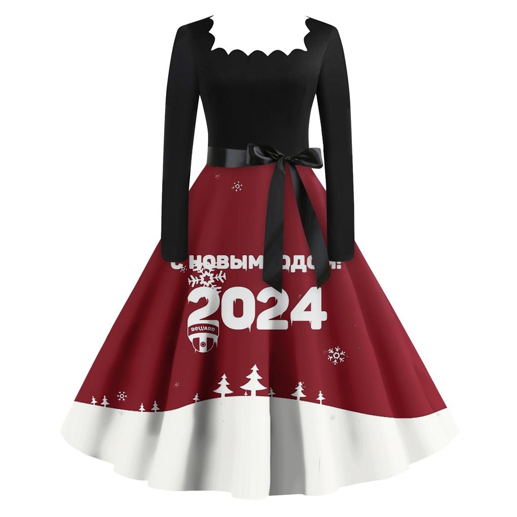 Women's Fashion Vintage Long Sleeve Square Neck Christmas Printed Evening Party Dresses Dresses