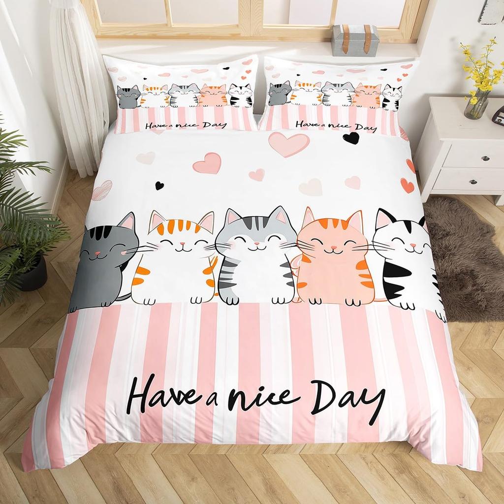 Kawaii Cat Duvet Cover Pink Bowknot Kitten Bedding Set Sweet Pet Animal Comforter Cover Princess Bow Girly Polyester Quilt Cover