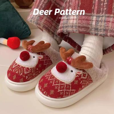 Модные милые мультяшные тапочки с оленями для женщин, теплые пушистые туфли, мягкие плюшевые, противоскользящие, женские домашние тапочки из хлопка для помещений, рождественская обувь
