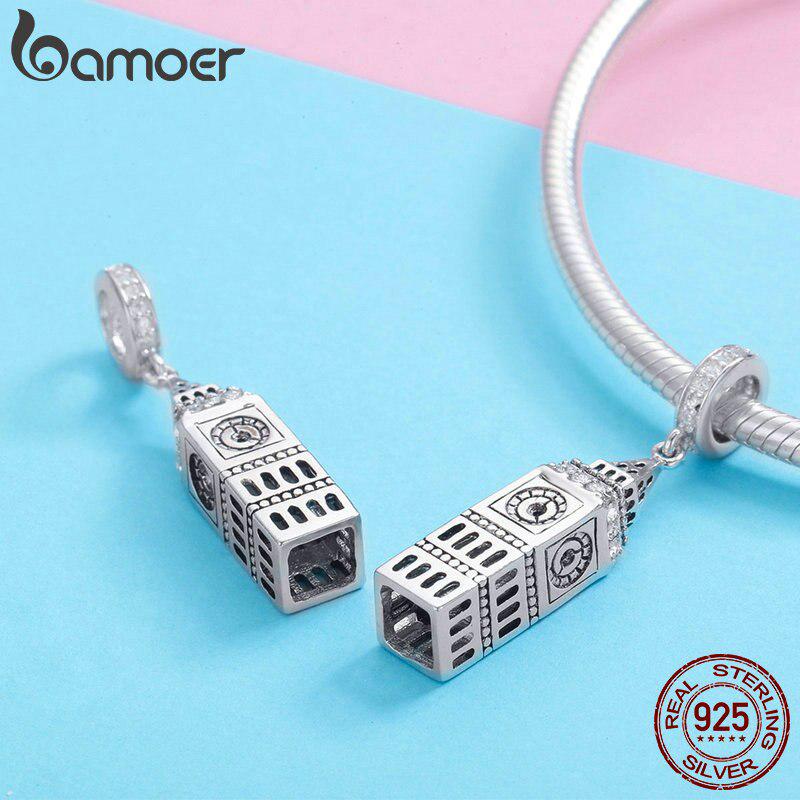 BAMOER New Collection 925 Sterling Silver British Big Ben Building Pendant Charm Fit Charm Bracelets