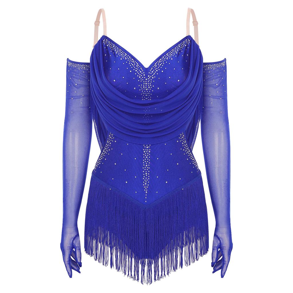 Womens Sparkling Tassel Dancewear Mesh Draped Leotard Rhinestone Fringed Bodysuit Adjustable Strap Gymnastics Outfit