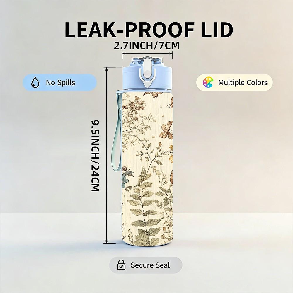 1PC Dried Vintage Botanical Plant Print 750ml Color Plastic Sports Water Bottle Leakproof Flip Straw Lid Suitable for Sports Office Home Use