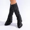 Block Heel Tall Boots Fall New Pointed Toe Rear Zipper Metal Belt Buckle Anti-Slip Wear-Resistant High Heels