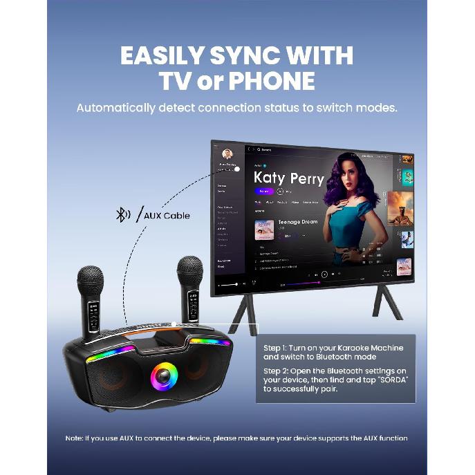 Bluetooth караоке-машина для взрослых и детей, 80 Вт портативная колонка с 2 беспроводными микрофонами, регулировка эха, поддержка USB/AUX/TF-карты