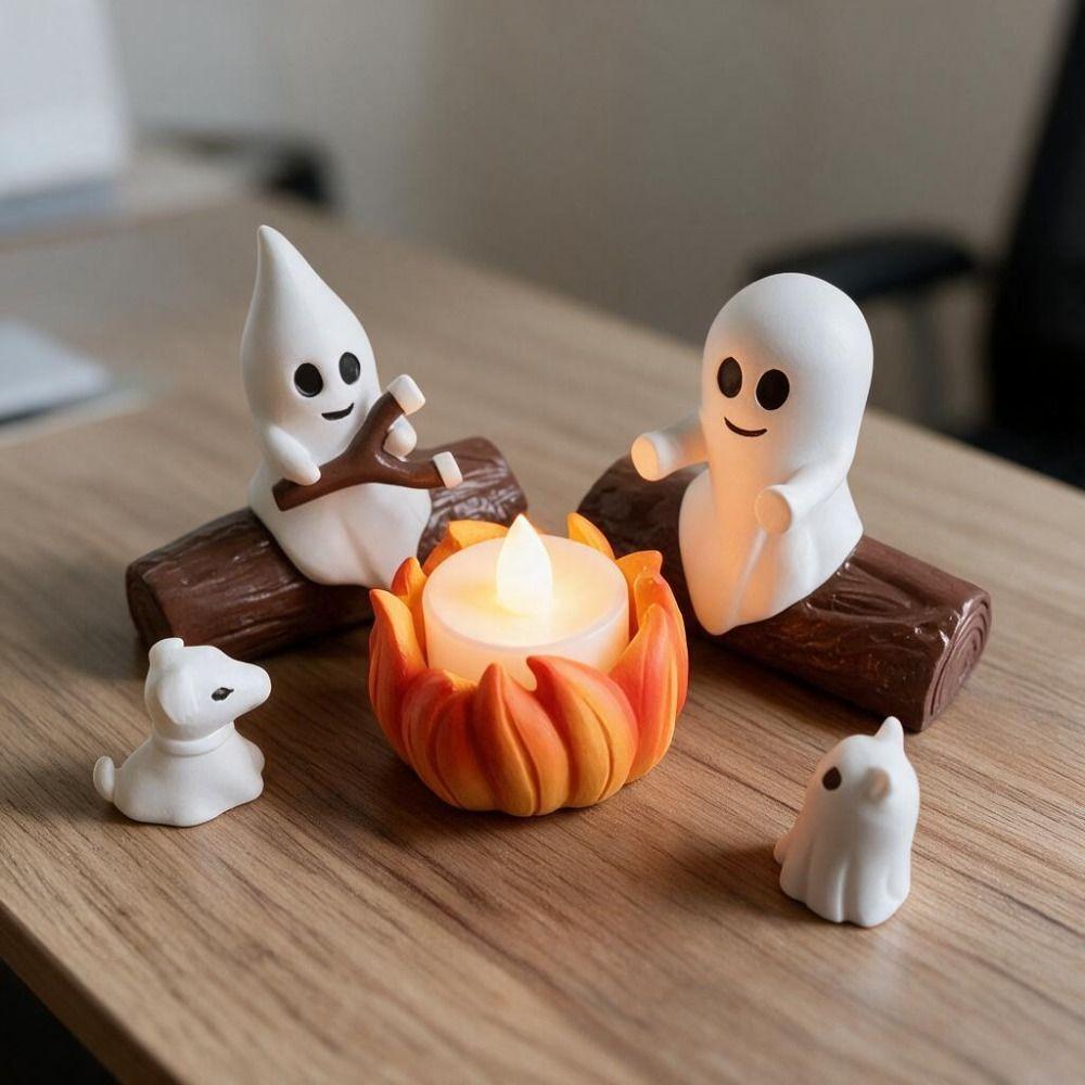 5PCS Cartoon Halloween Ghost Campfire Dog Cat Statue Ghost Campfire Flickering Ornament Friend