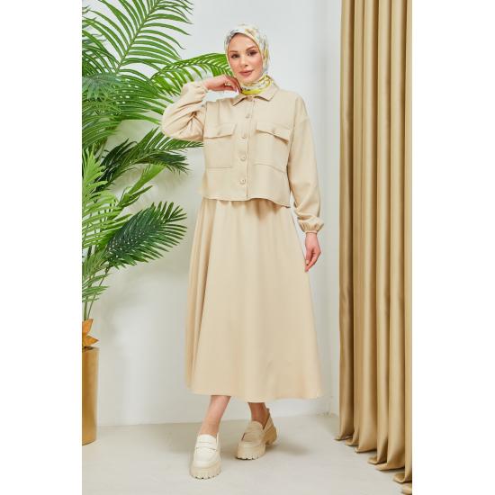 Женский хиджаб с карманом на пуговицах и эластичной расклешенной юбкой с манжетами