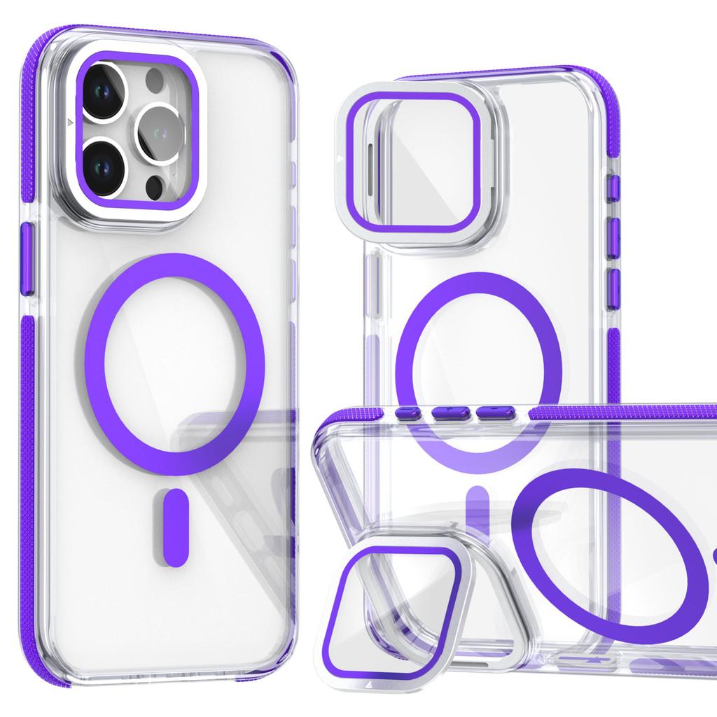 For iPhone 15 Pro Max Magnetic Case TPU Acrylic Clear Phone Back Cover with Lens Protector Kickstand