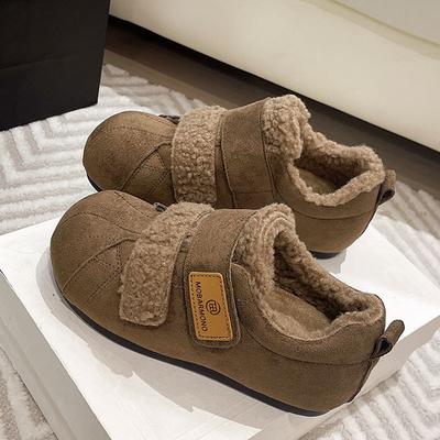 Бархатные женские сноубутсы из коровьей кожи, новые осенне-зимние пушистые ботинки, на одном педале, плоские плюшевые теплые хлопковые ботинки