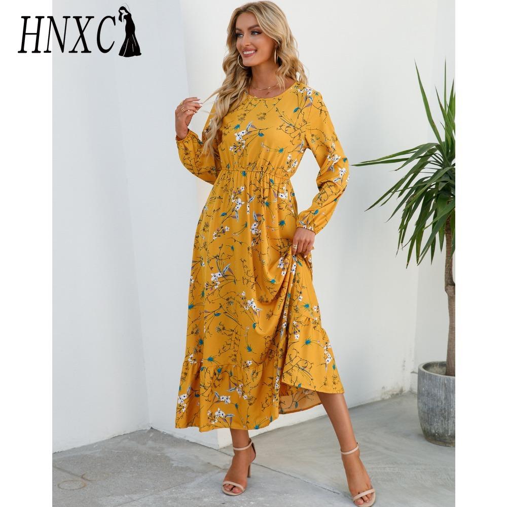 HNXC Весна Лето Богемный Женское Макси Платье Повседневный Длинный Рукав Высокая Талия Пляжное Платье Женские Цветочные Шифоновые Платья Vestidoes Mujer Новинка