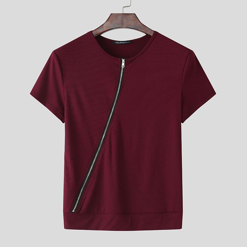 INCERUN Летние мужские повседневные футболки с круглым вырезом и коротким рукавом, косой планкой, застежкой-молнией в рубчик