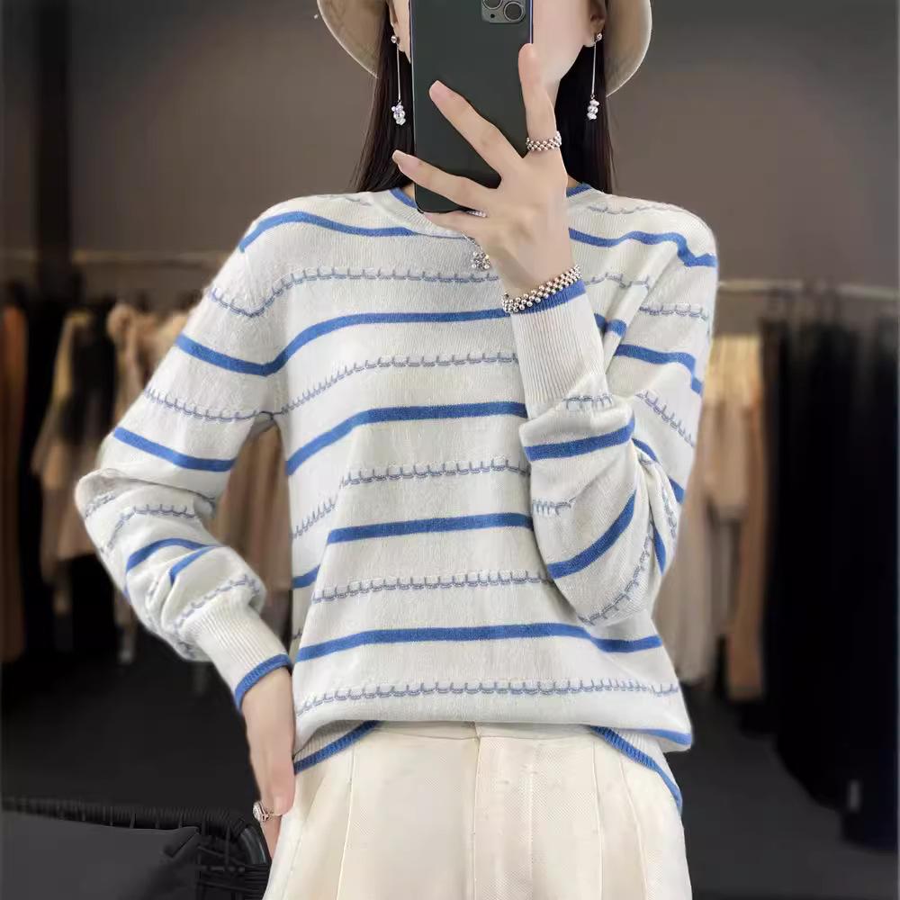 Полосатый свитер с длинными рукавами, женский осенне-зимний трикотаж с круглым вырезом