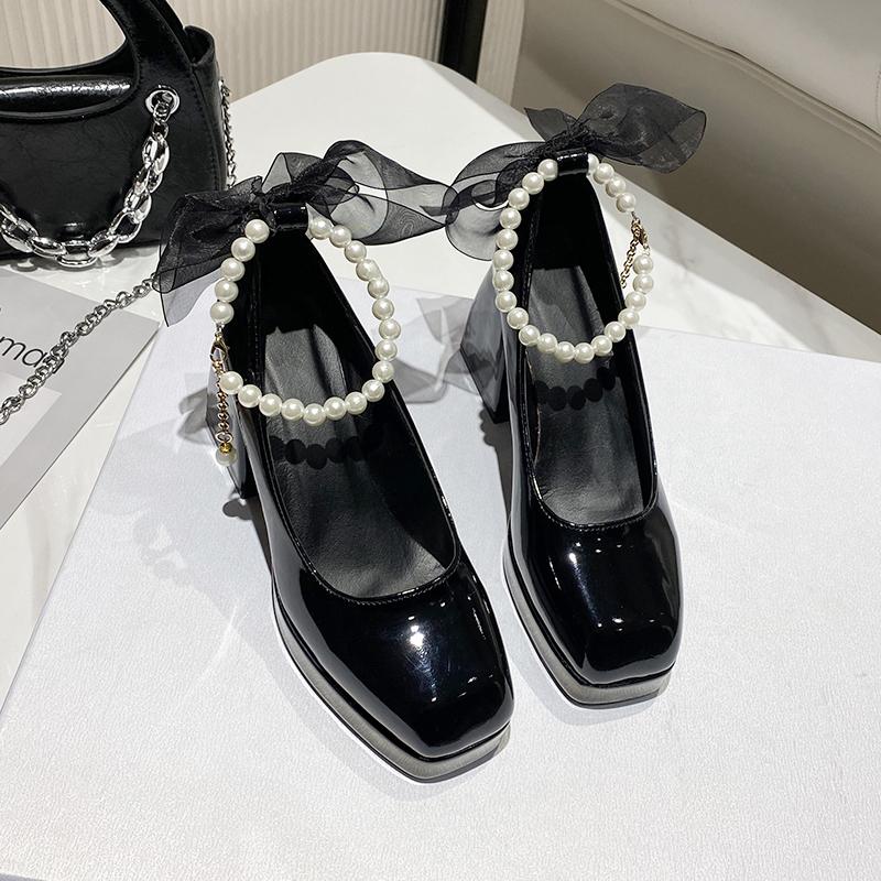 Женские элегантные черные модные туфли-лодочки на высоком каблуке с бантом и квадратным носком, свадебные туфли на толстом каблуке для свадебной вечеринки, жемчужные кружевные свадебные туфли для женщин